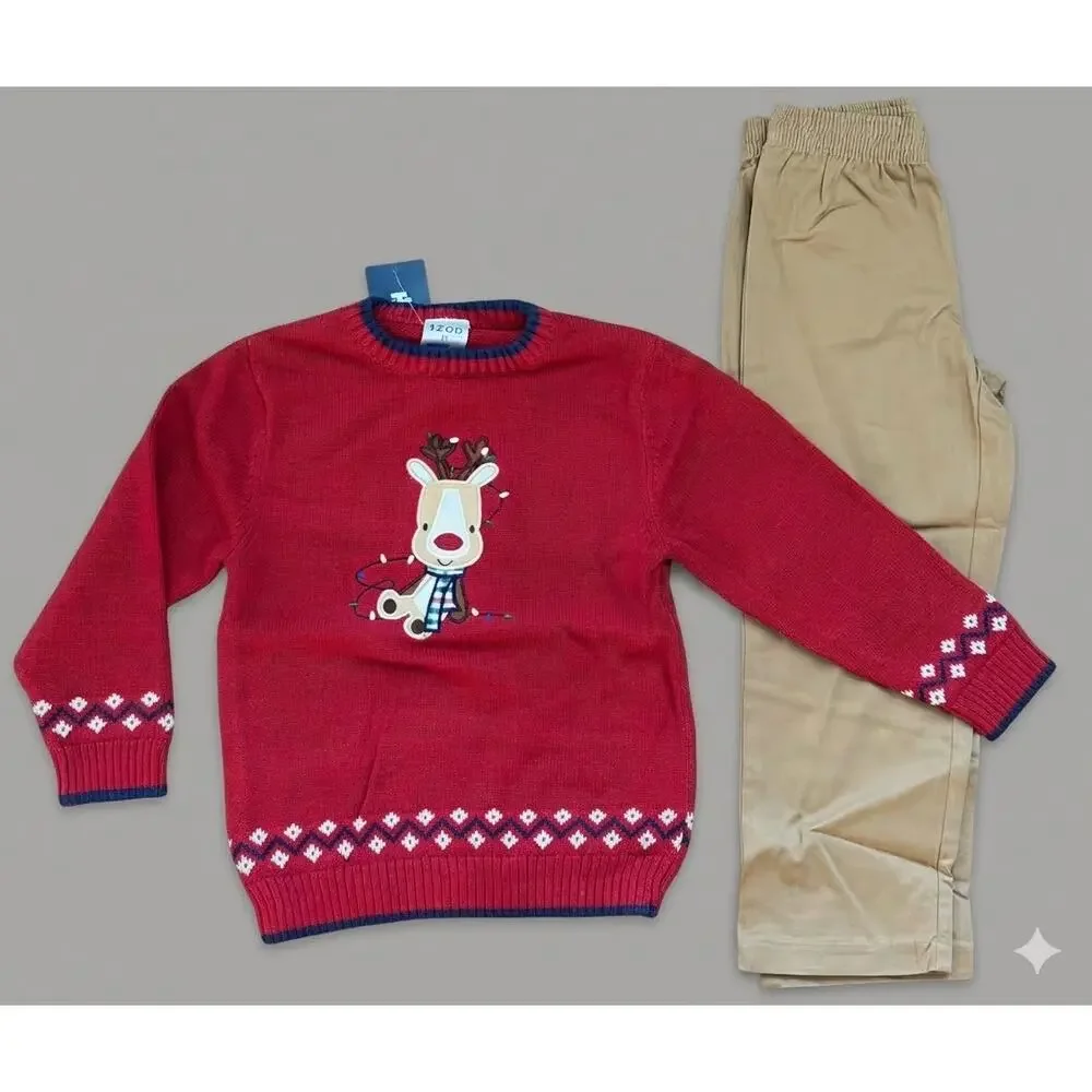 NEW! IZOD Kids Christmas Holiday 2PC Reindeer Graphic Crewneck Sweater Set 5T